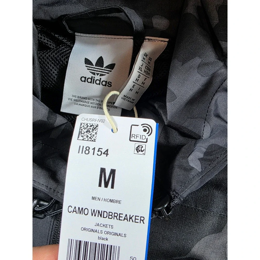 Adidas Graphics Camo Windbreaker Men Medium Black Ripstop Hooded Jacket NEW
